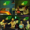 A collage showing an eagle neon sign in various room settings, a gift, and people at a party.