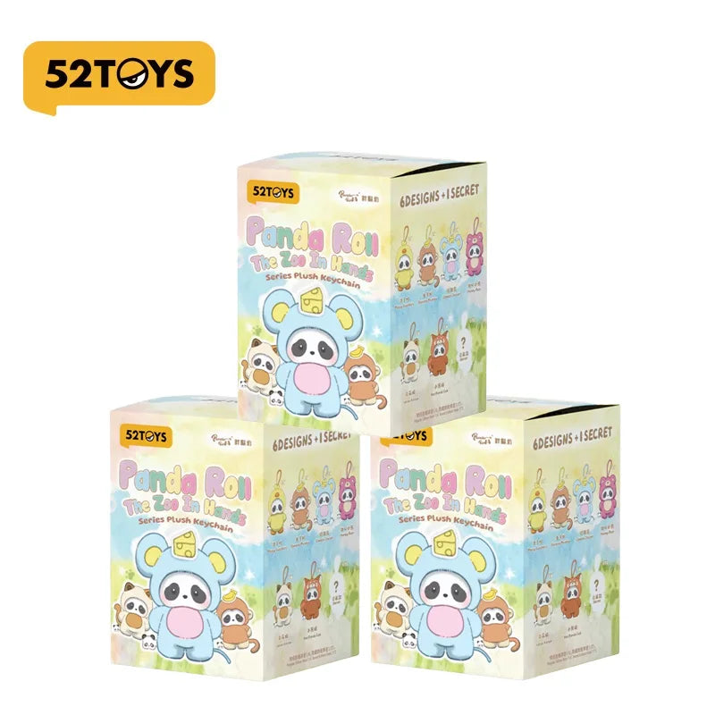 Boxed panda plush keychain set featuring blind box designs and cute animal figures