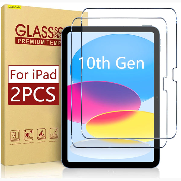 Eine Box mit Schutzfolien für iPad 10. Generation neben einer klaren Schutzfolie auf dem Bildschirm.