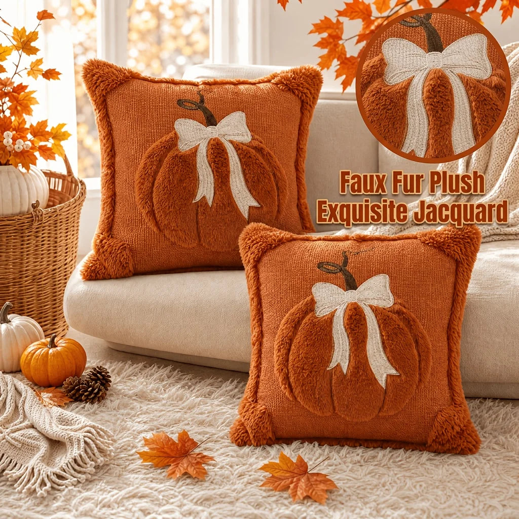 Set of 2 Autumn Pumpkin Throw Pillow Covers with 3D Jacquard Design