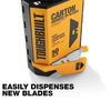 A yellow and black carton containing 50 rounded-tip utility knife blades with an open dispenser case.