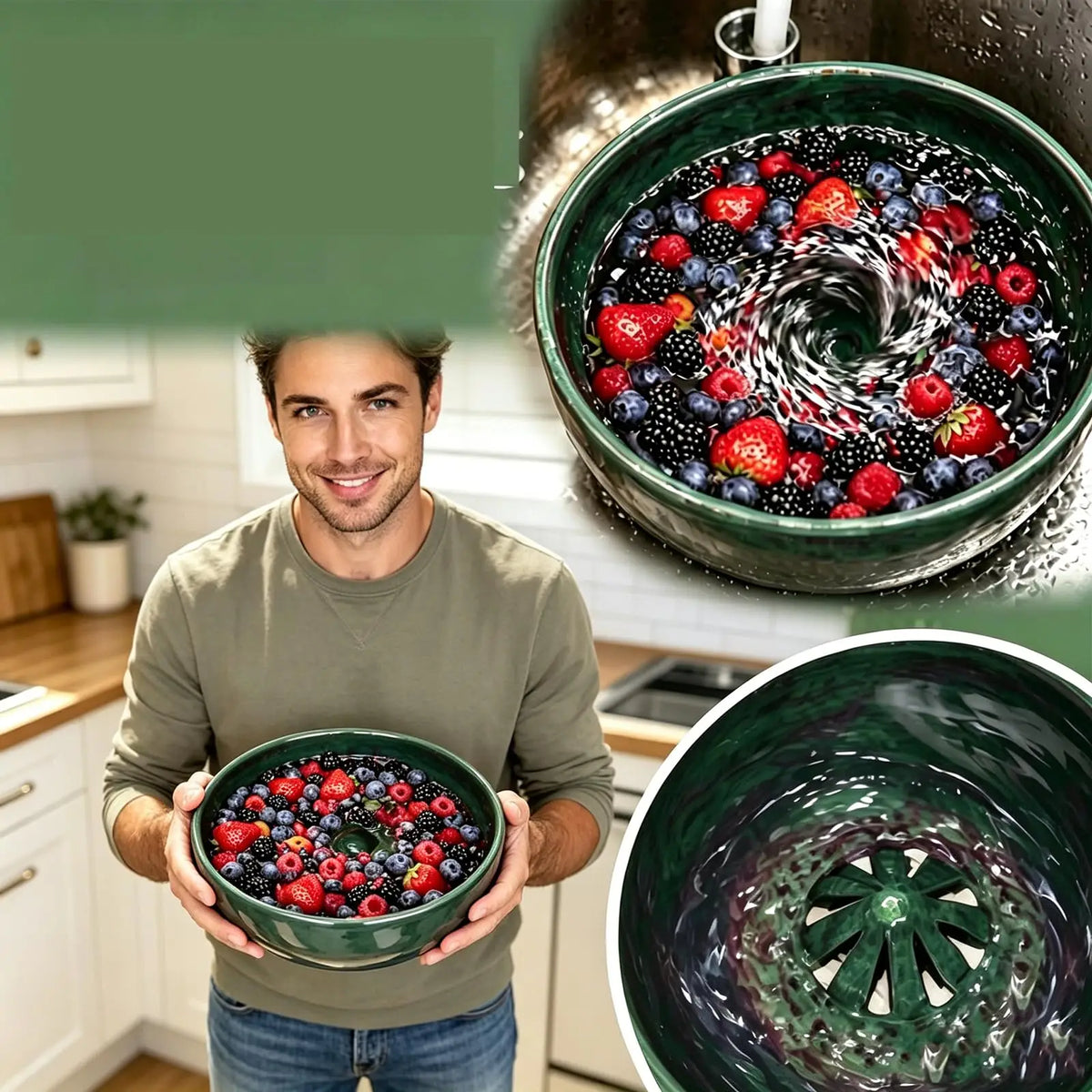 Self-Spinning Fruit & Vegetable Washer Bowl with Drain Holes