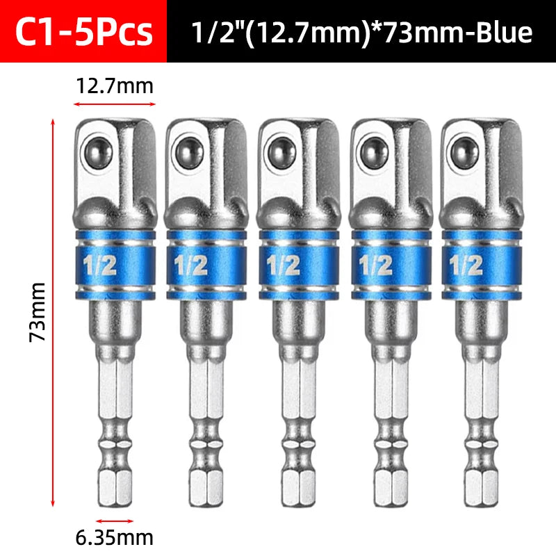 Hex Shank Socket Adapter Set for Power Drills (1/4, 3/8, 1/2 Inch)