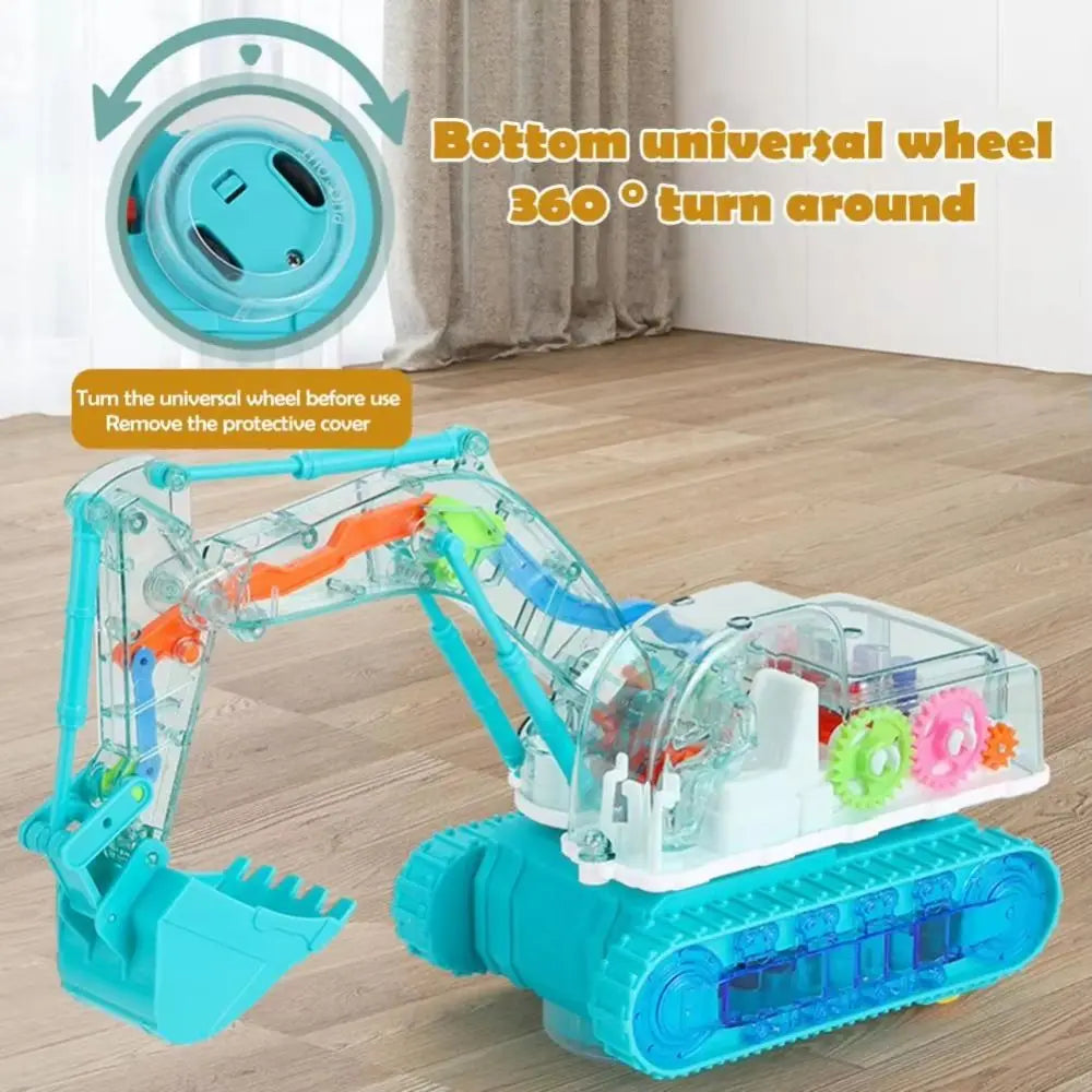 A transparent blue gear excavator toy with an articulated arm and wheel shown on a wooden floor.