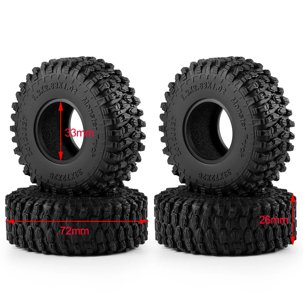 A pair of black mud terrain tires and wheels for RC crawlers, showing the tire size and mounting details.