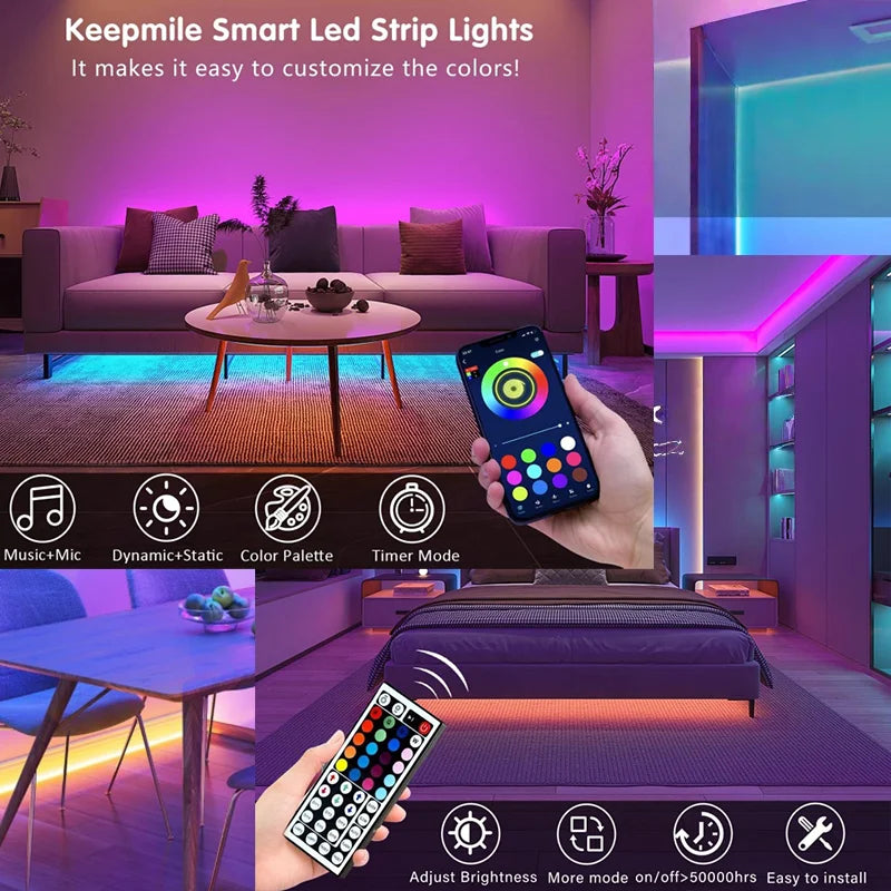 A hand holds a remote control for customizable LED strip lights illuminating a modern bedroom interior.