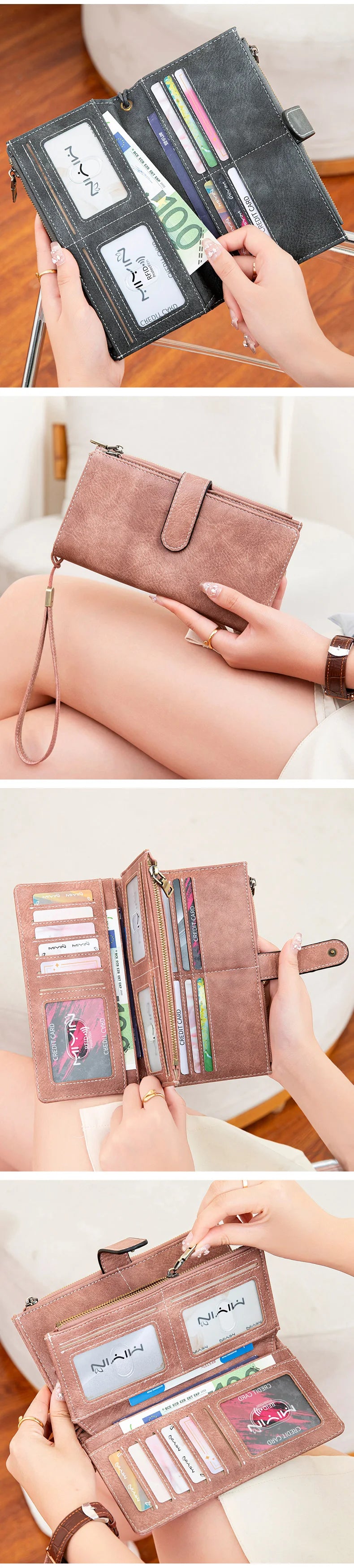 Vintage RFID-Blocking Long Wallet with Wristlet Strap
