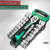 A green and silver chrome vanadium socket set with a quick-release ratchet tool is shown on a white background.