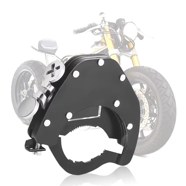 Verrou de régulateur de vitesse pour moto noire avec un pneu en arrière-plan.