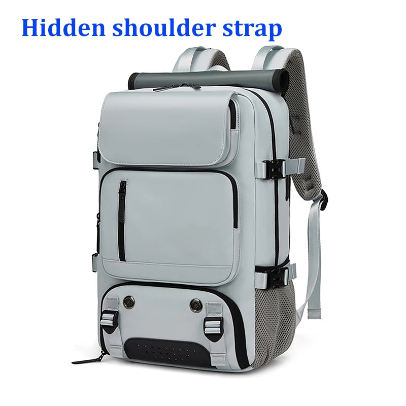 A gray laptop backpack featuring a hidden shoulder strap and an attached shoe bag.