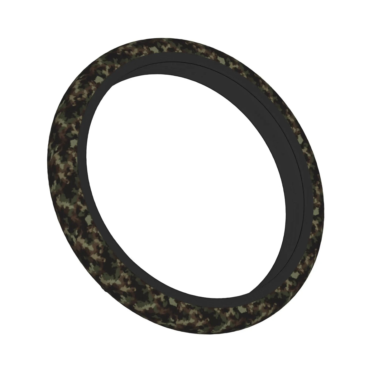 A black steering wheel cover with a dark green and brown camouflage pattern.