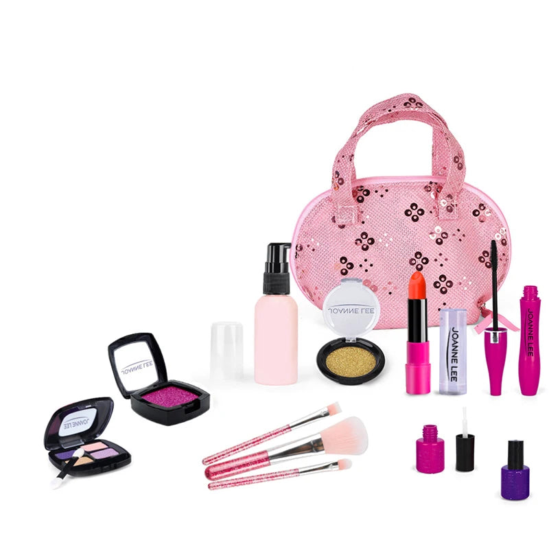 A pink kids pretend makeup toy set featuring a large bag and various cosmetic tools like lip glosses and brushes.