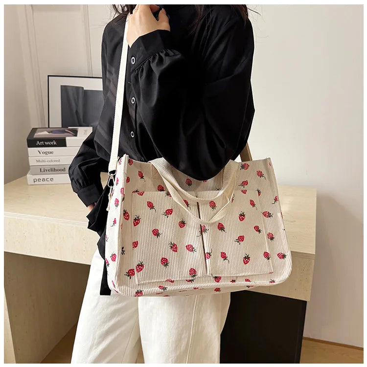 Strawberry Bowknot Canvas Tote Bag