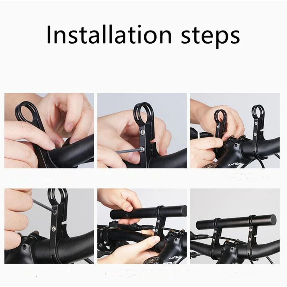 Installation steps showing the mounting of an aluminum alloy bicycle handlebar extender mount onto a bicycle handlebar.