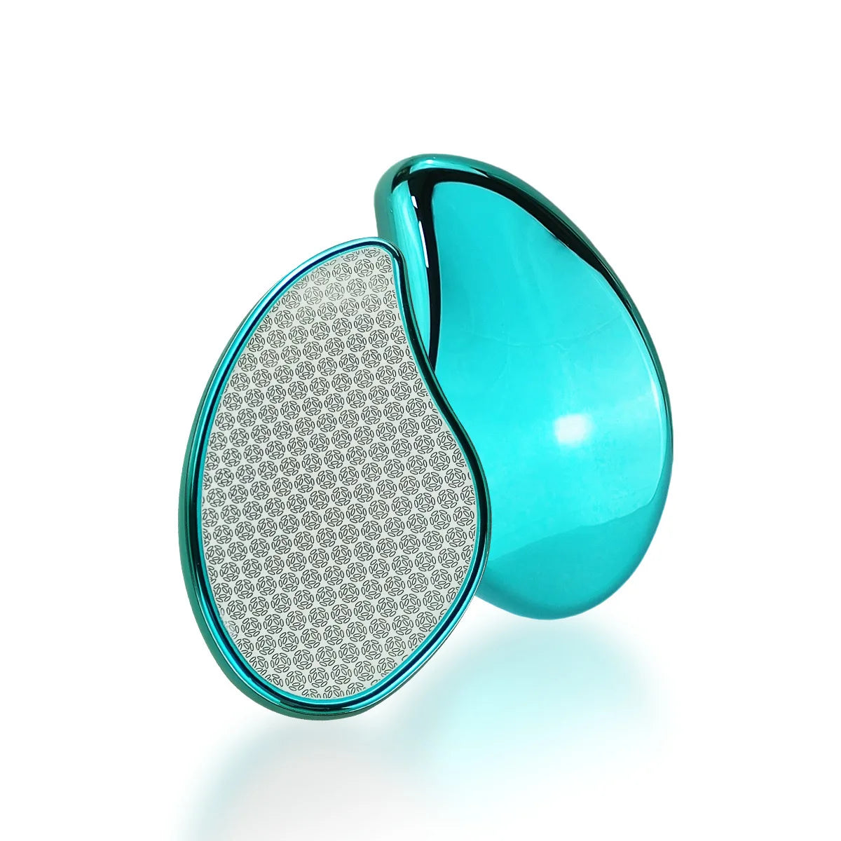 A teal glass hair remover product with a clear section showing a textured pattern.