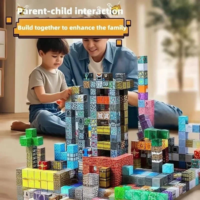 A parent and child build a structure using magnetic building blocks for a creative forest and house toy.