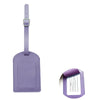 A purple PU leather luggage tag with a strap and a card slot.