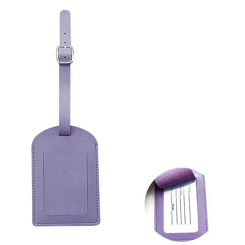 A purple PU leather luggage tag with a strap and a card slot.