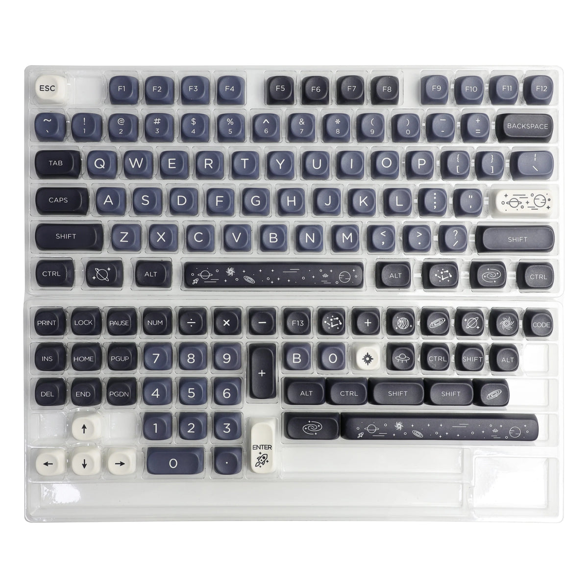 A clear acrylic mechanical keyboard featuring Ocean Blue MOA Profile PBT keycaps and various function keys.