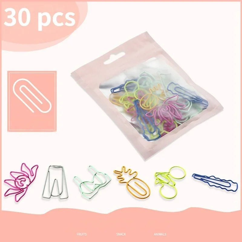 A set of 30 colorful decorative bookmarks featuring paper clips and various fruit, snack, and animal designs.