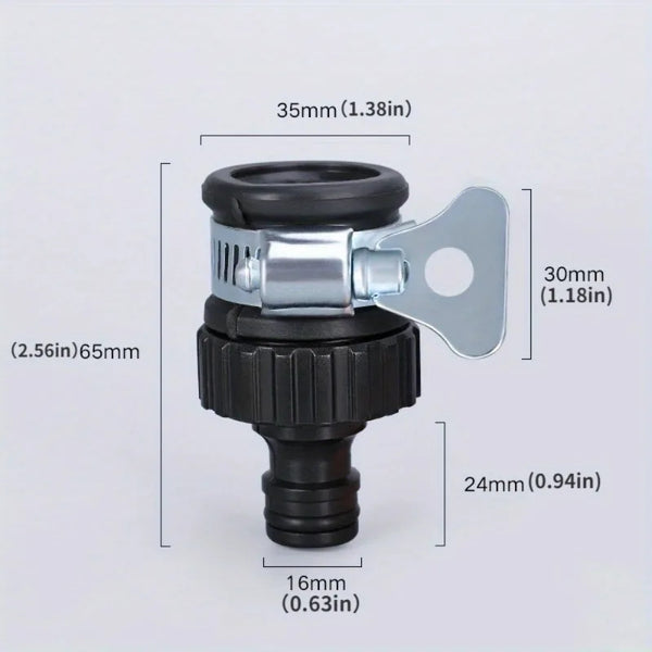 A black and silver universal quick connect water faucet adapter with various dimensions shown.