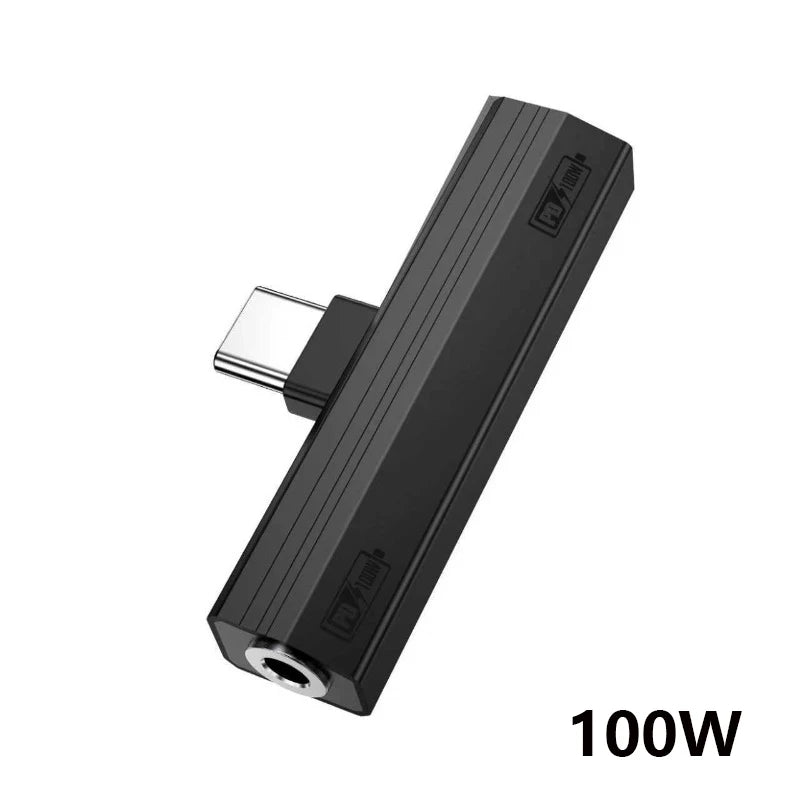 Black USB-C to 3.5mm audio adapter with charging support