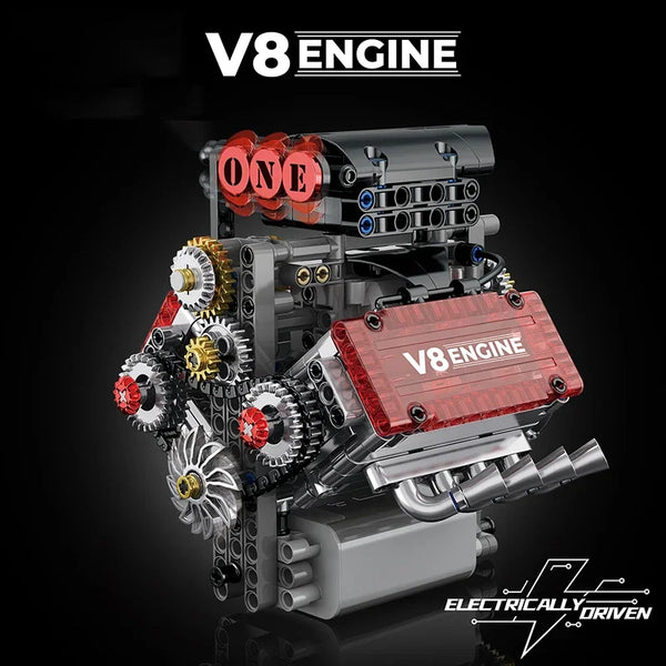 A detailed model of a V8 engine, featuring red and silver components, gears, and pistons.