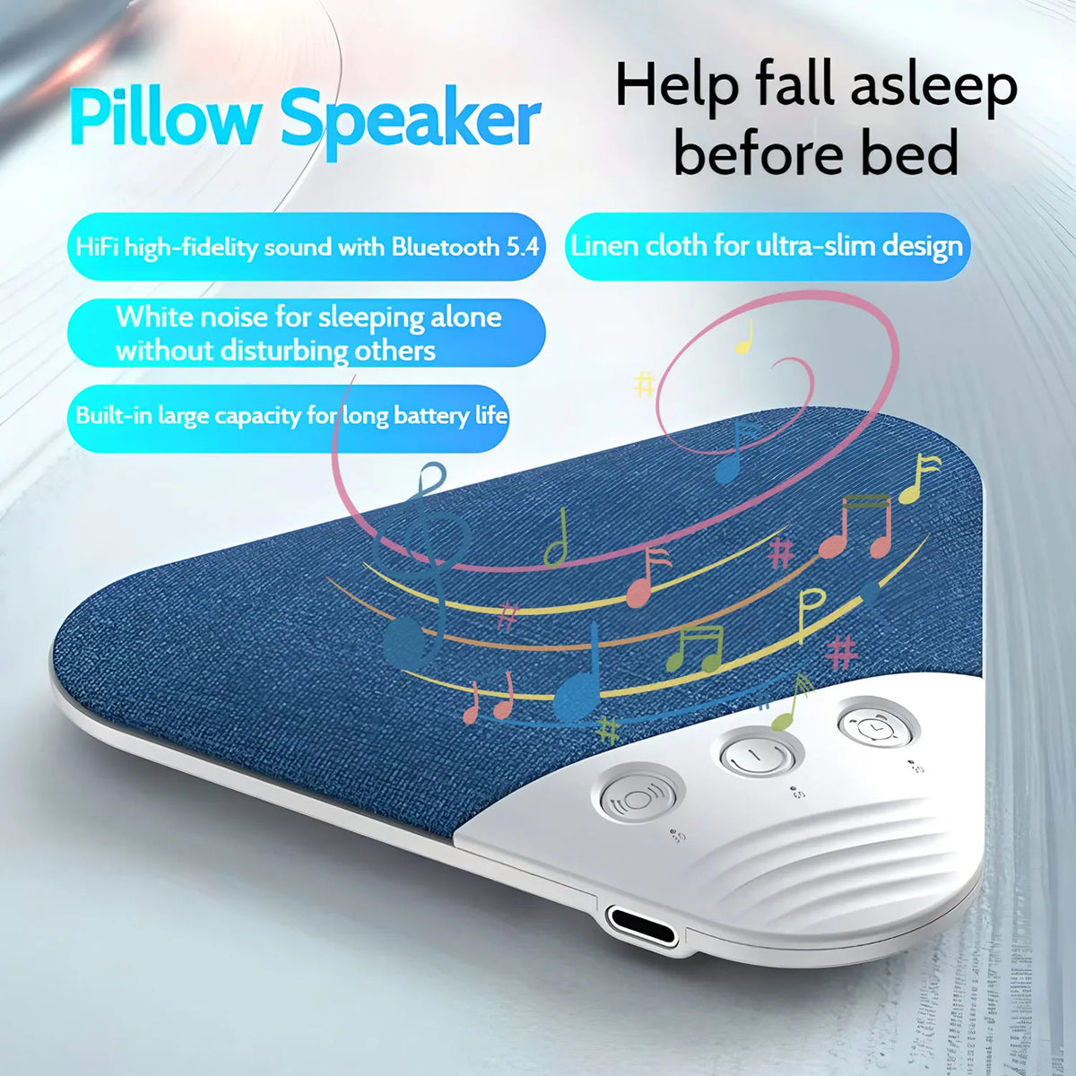 A white Under-Pillow Bluetooth speaker with a blue fabric cover is shown on a white surface.