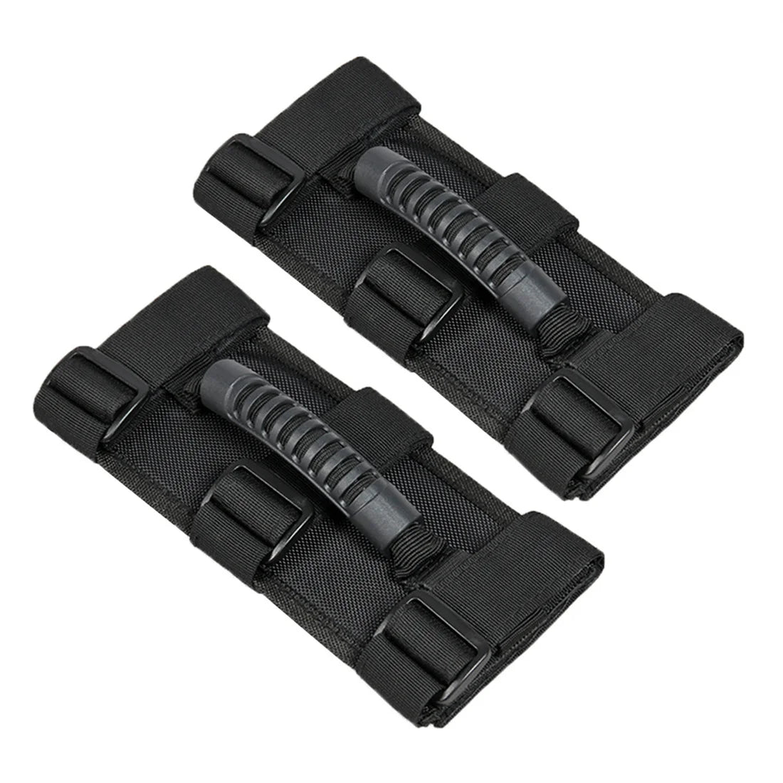 Black non-slip Oxford roll bar grab handles for Jeep Wrangler TJ YJ JK JL vehicles.