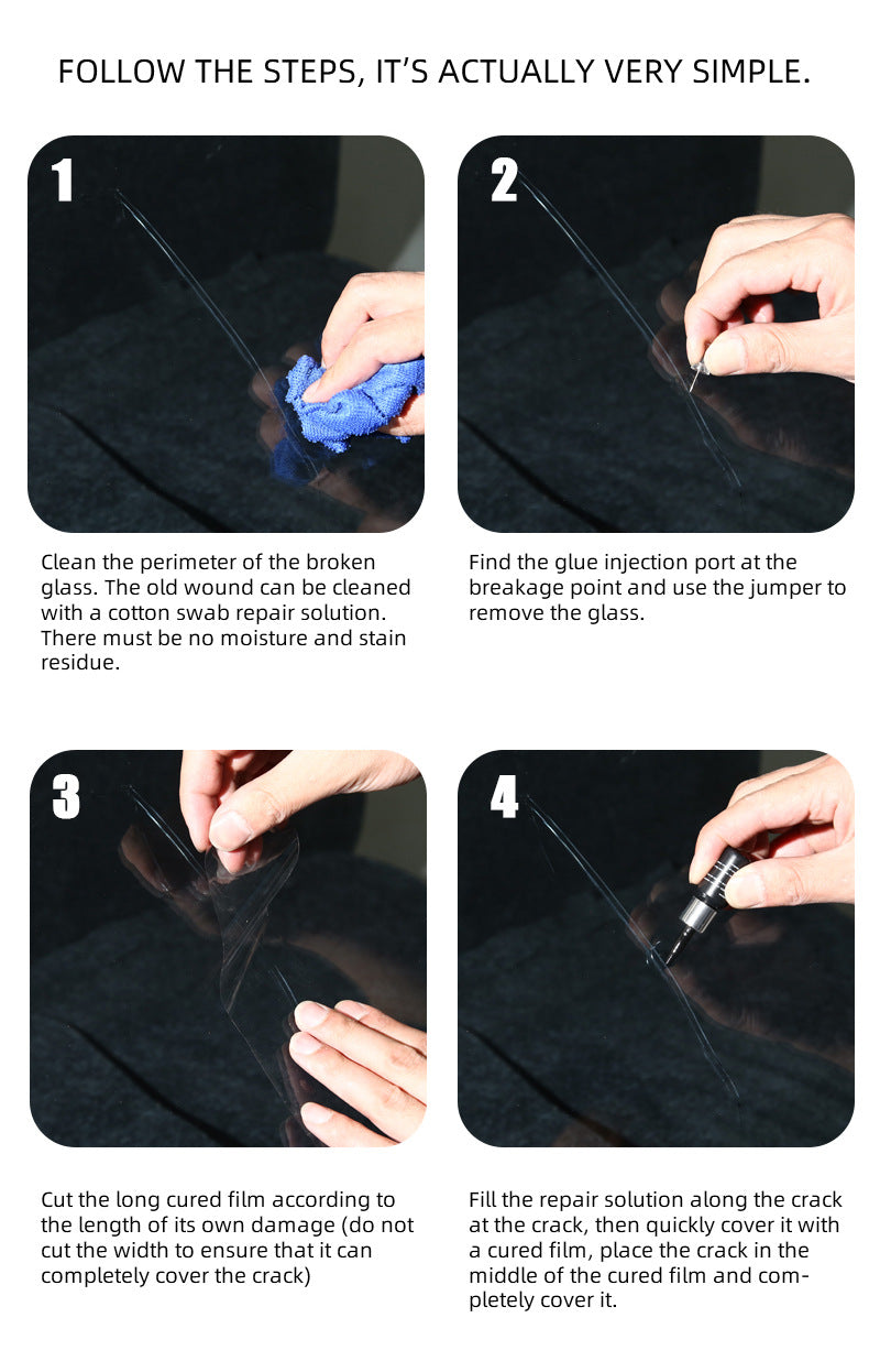 A four-step guide showing how to repair a broken glass using a DIY kit with nano resin.