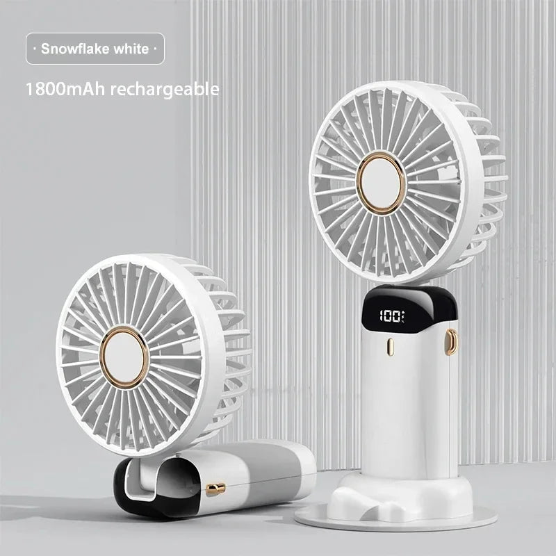 A white rechargeable foldable neck fan with an LED display and phone stand shown in various configurations.