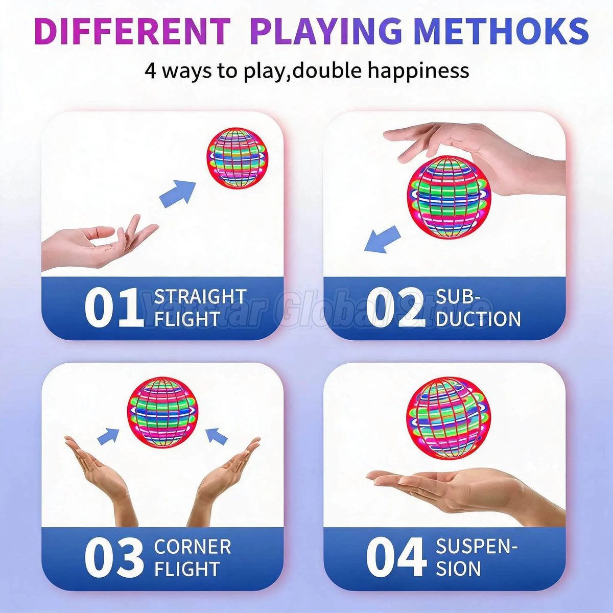 Four playing methods for an LED flying orb boomerang including straight flight, subduction, corner flight, and suspension.