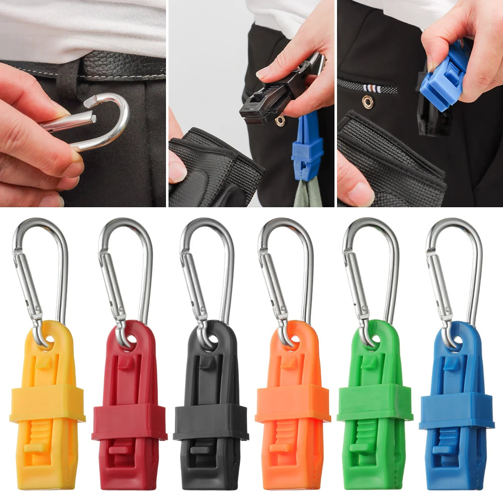 A set of durable glove clips in various colors including yellow, red, black, orange, green, and blue.