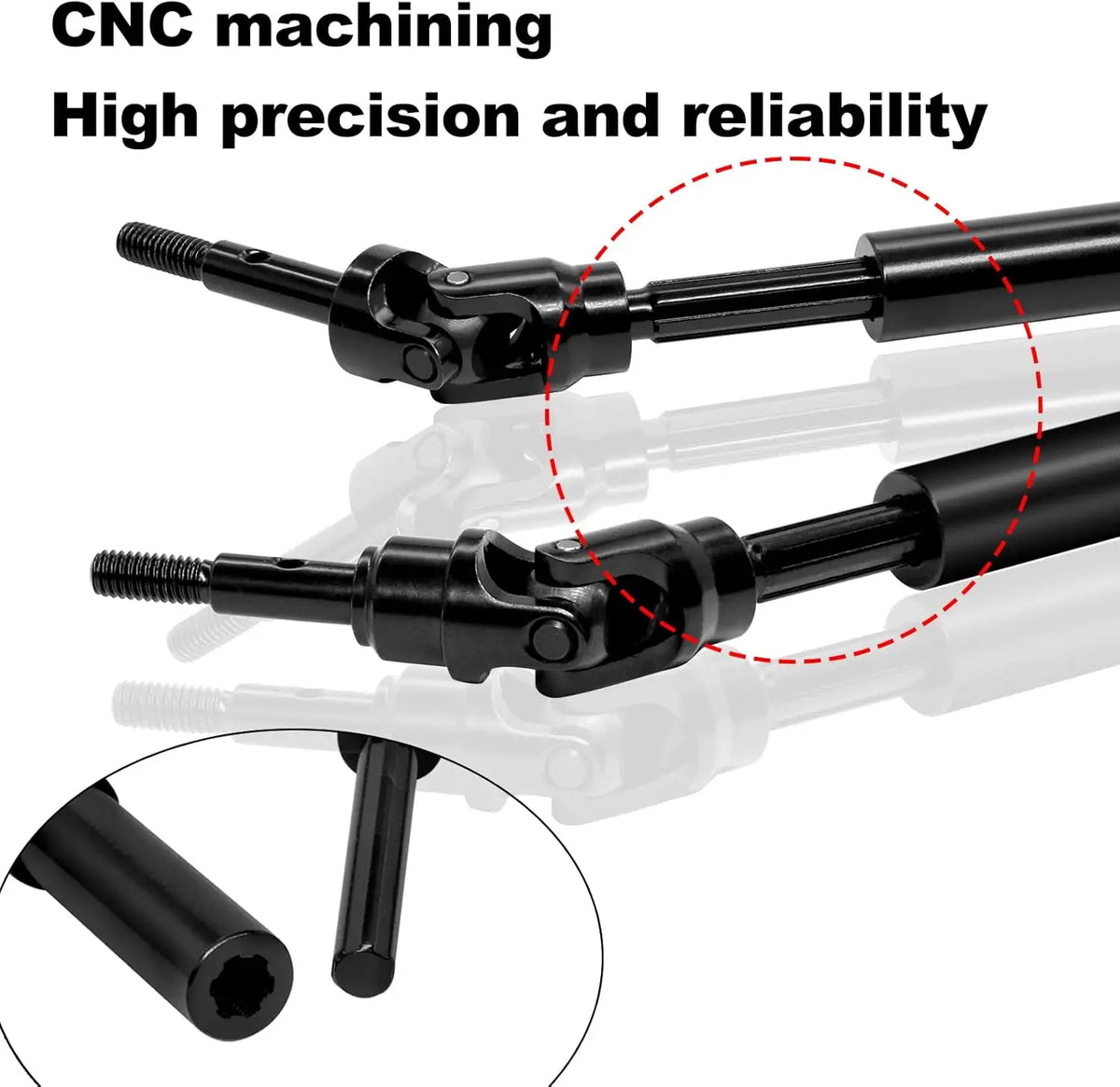 CNC machined black drive shaft set for 1/10 RC trucks demonstrating high precision and reliability