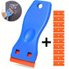 Blue multipurpose plastic scraper with orange replacement blades and a circular cutting disc.