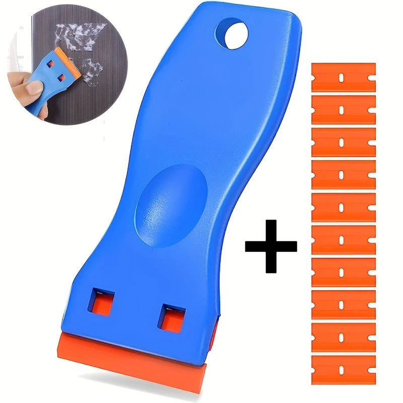 Blue multipurpose plastic scraper with orange replacement blades and a circular cutting disc.