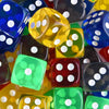 A close-up view of a bulk pack of multicolor acrylic D6 dice in various colors and shapes.