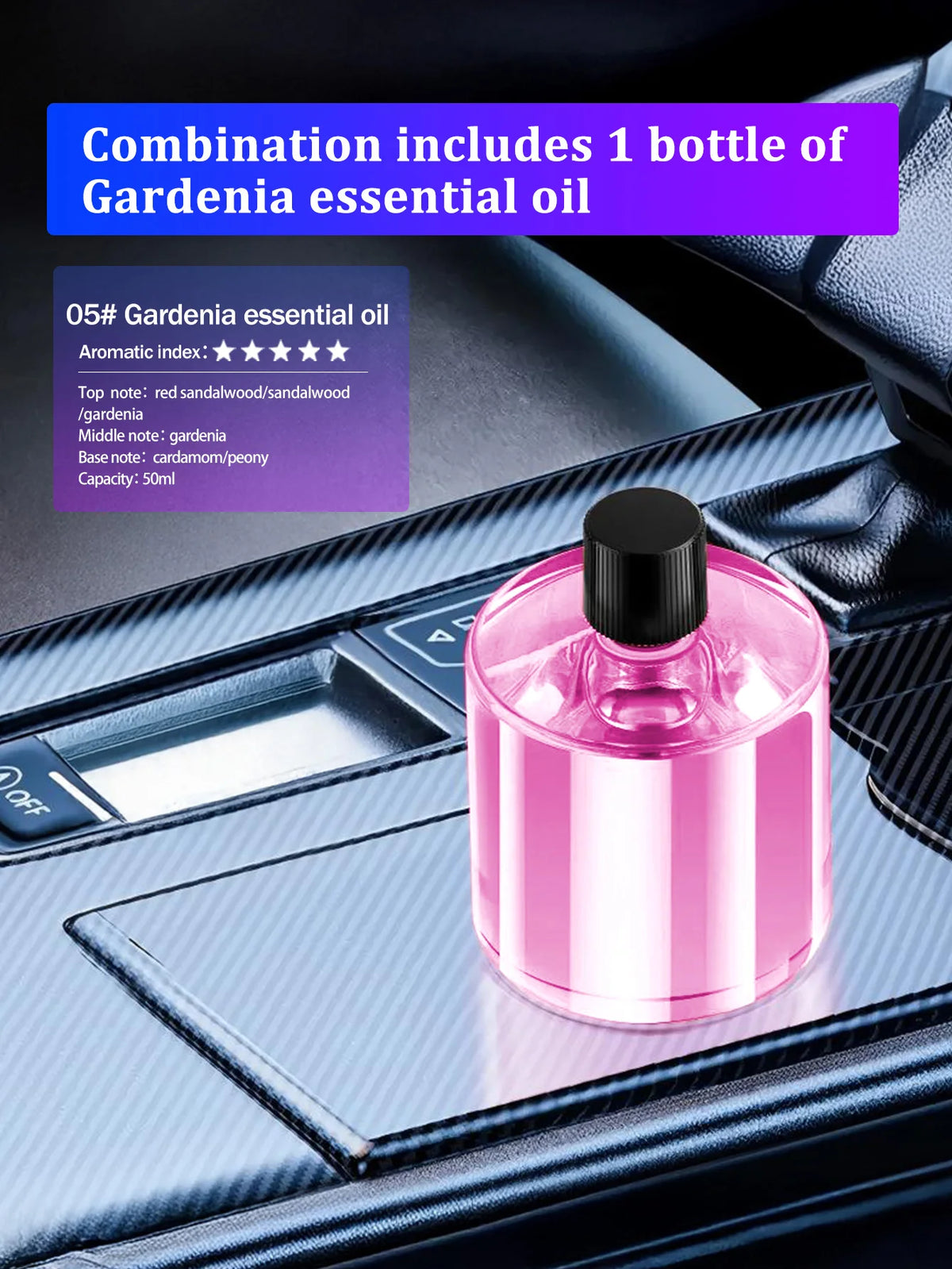 Bouteille d'huile essentielle de Gardenia rose dans un emplacement pour accessoires de voiture.