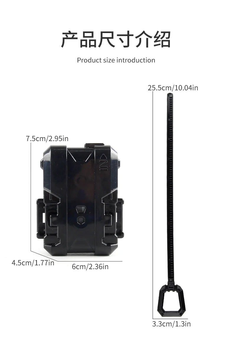 A black Beyblade launcher with a long spike and a small hook, shown next to its dimensions.