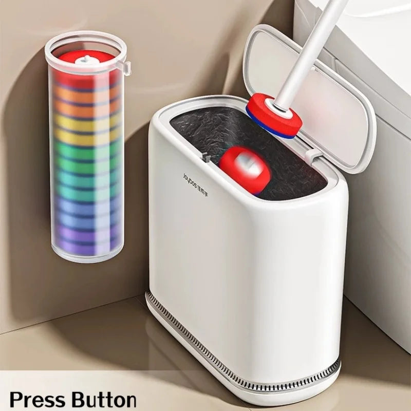 A white wall-mounted toilet brush holder is shown next to a colorful cylindrical brush with disposable heads.
