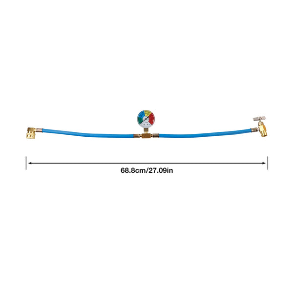 A blue refrigerant charging hose with a gauge and fittings, measuring 68.8cm or 27.09in.