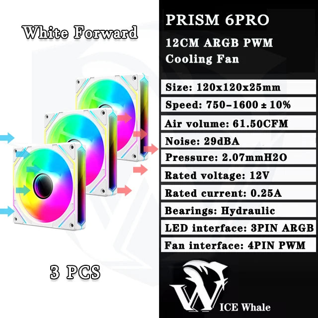 Weißer Forward Prism 6PRO 12CM ARGB PWM Kühlventilator in drei Teilen
