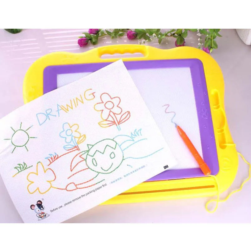 A yellow magnetic drawing board with a purple tray and a white drawing paper featuring a flower and sun drawing.