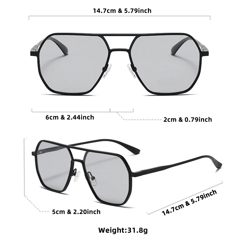 A pair of black photochromic polarized sunglasses shown in multiple views and dimensions.