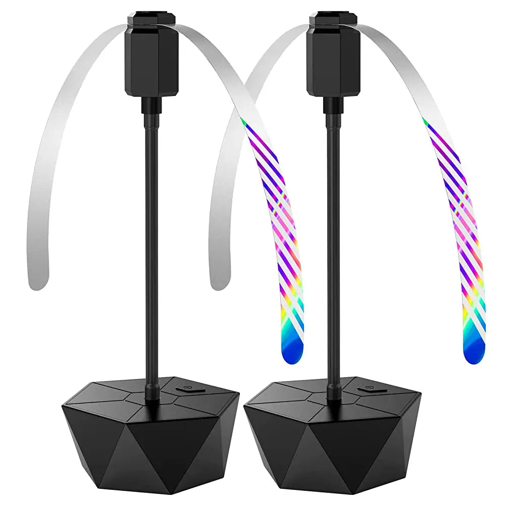 A pair of portable quiet fly repellent fans with black bases and clear, colorful spinning blades.
