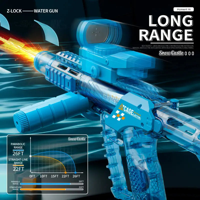 A blue Z-Lock water gun with a long range capability demonstrating a muzzle flame effect.