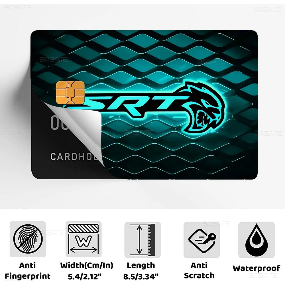 A black card with an SRT logo design featuring a stylized lion head in bright blue and orange tones.