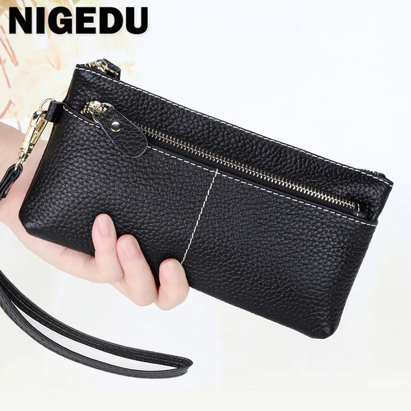 Genuine Cowhide Leather Long Wallet with Zipper Closure