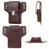 A brown PU leather hands-free waist bag with a flap and buckle, shown in multiple views.