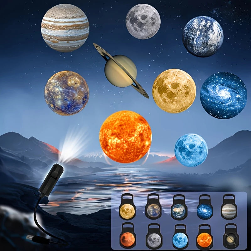 A collection of celestial spheres and planets displayed as light patterns from an LED USB projector.